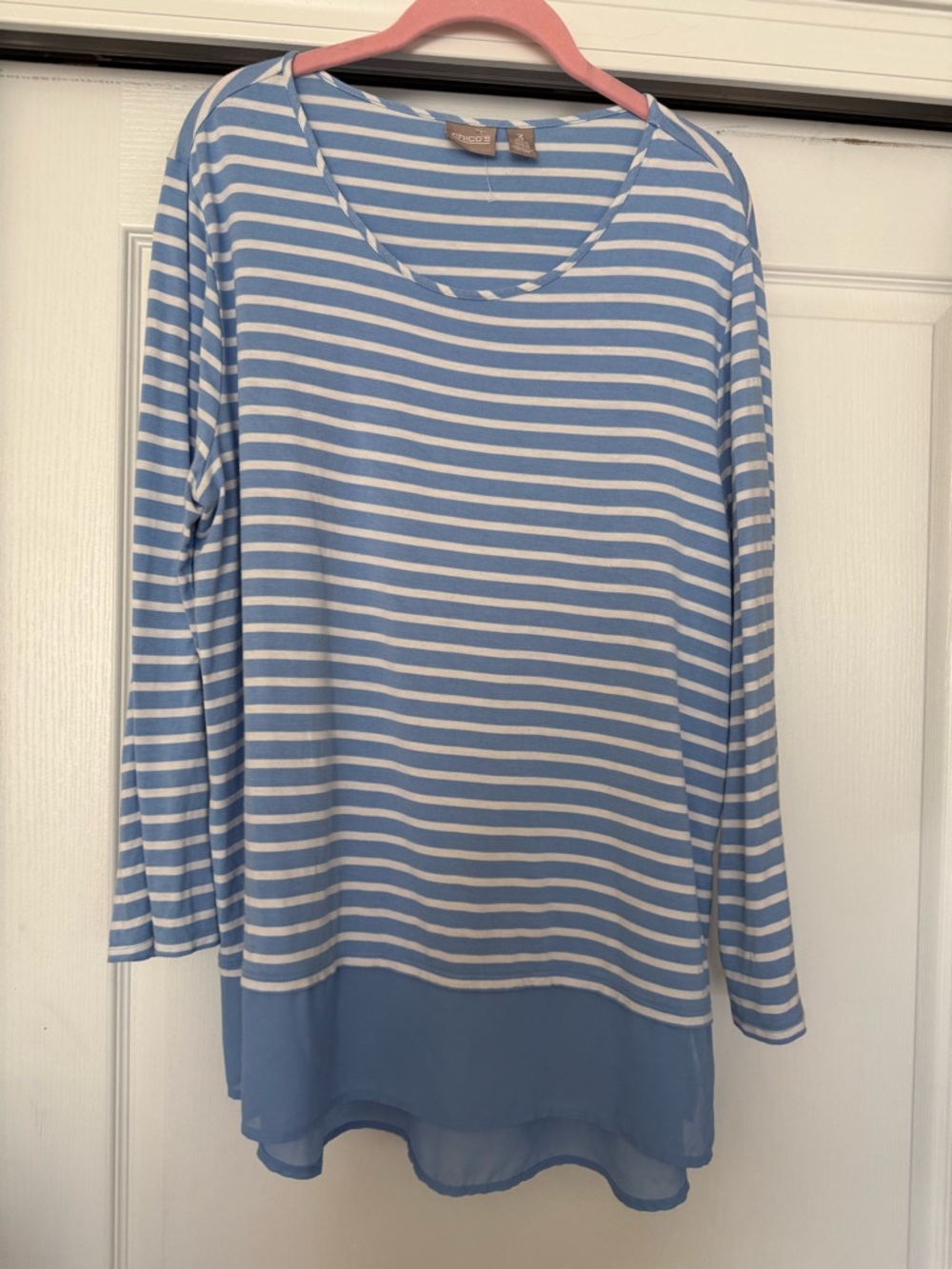 Chicos Light Blue and White Striped Long Sleeve Top with Sheer Hem